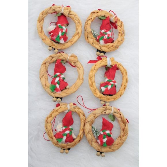 Vintage Elves in Raffia Wreaths Christmas Ornaments Set of 6 in Original Box - Picture 6 of 10